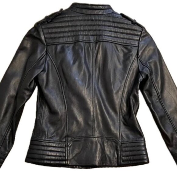 Michael Kors Leather Moto Jacket Full Zip Biker Jacket Zip Pocket Black Wm M NEW - Picture 3 of 12